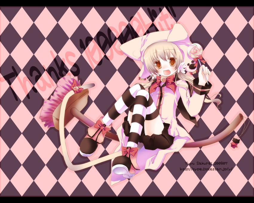 argyle argyle_background bad_id bad_pixiv_id bell bow broom broom_riding brown_eyes candy checkered fang food hat hits lollipop long_hair original ribbon sakurai_yuyu sidesaddle solo striped striped_legwear swirl_lollipop tail thighhighs twintails wallpaper