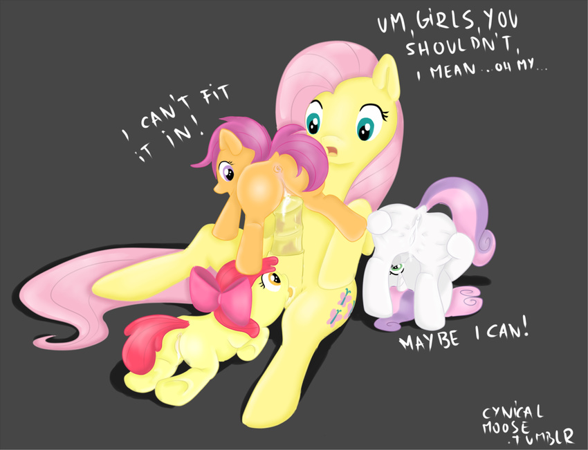 anus apple_bloom apple_bloom_(mlp) bow brown_fur cub cum cutie_mark cutie_mark_crusaders cutie_mark_crusaders_(mlp) cynicalmoose dickgirl english_text equine female feral fluttershy fluttershy_(mlp) friendship_is_magic fur green_eyes group hair horn horse intersex mammal my_little_pony pony prodding purple_eyes purple_hair pussy red_hair scootaloo scootaloo_(mlp) sweetie_belle sweetie_belle_(mlp) text two_tone_hair unicorn vaginal white_fur yellow_fur young