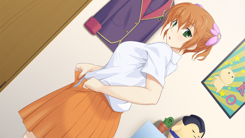 adjusting_clothes bare_arms blush breasts brown_hair cactus commentary_request daiakuji dressing dutch_angle eyebrows_visible_through_hair flower green_eyes hair_flower hair_ornament indoors looking_at_viewer looking_back medium_breasts mottio orange_skirt pink_flower plant poster_(object) potted_plant raised_eyebrows school_uniform shirt short_sleeves skirt solo standing toki_haruka uniform wallpaper white_shirt