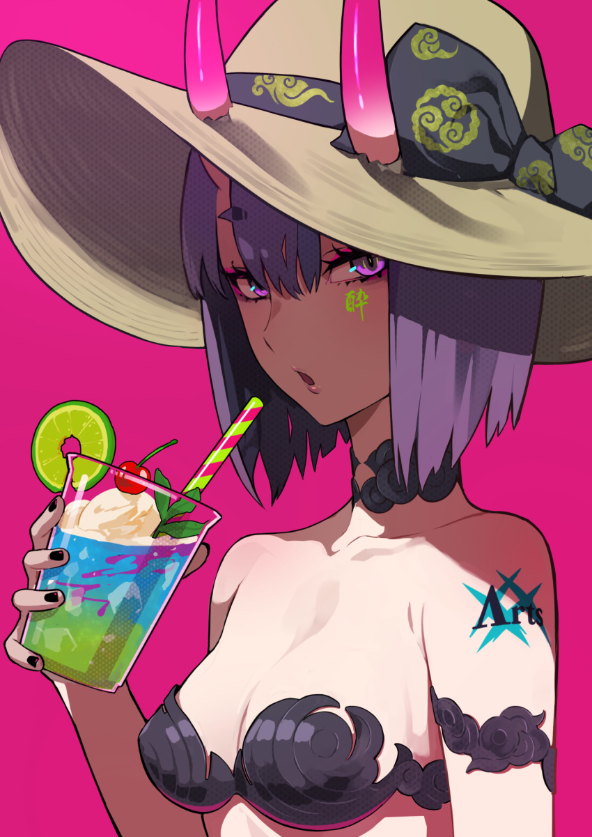 bangs bare_arms bare_shoulders black_bow black_nails bow breasts brown_hat cherry_blossoms cleavage collarbone commentary cup drinking_glass drinking_straw eyebrows_visible_through_hair facial_mark fate/grand_order fate_(series) fingernails food hair_between_eyes hat hat_bow highres holding holding_cup horns horns_through_headwear ice_cream ice_cream_float looking_at_viewer nail_polish oni oni_horns parted_lips purple_background purple_eyes purple_hair ram_(ramlabo) revealing_clothes short_hair shuten_douji_(fate/grand_order) simple_background small_breasts solo sun_hat