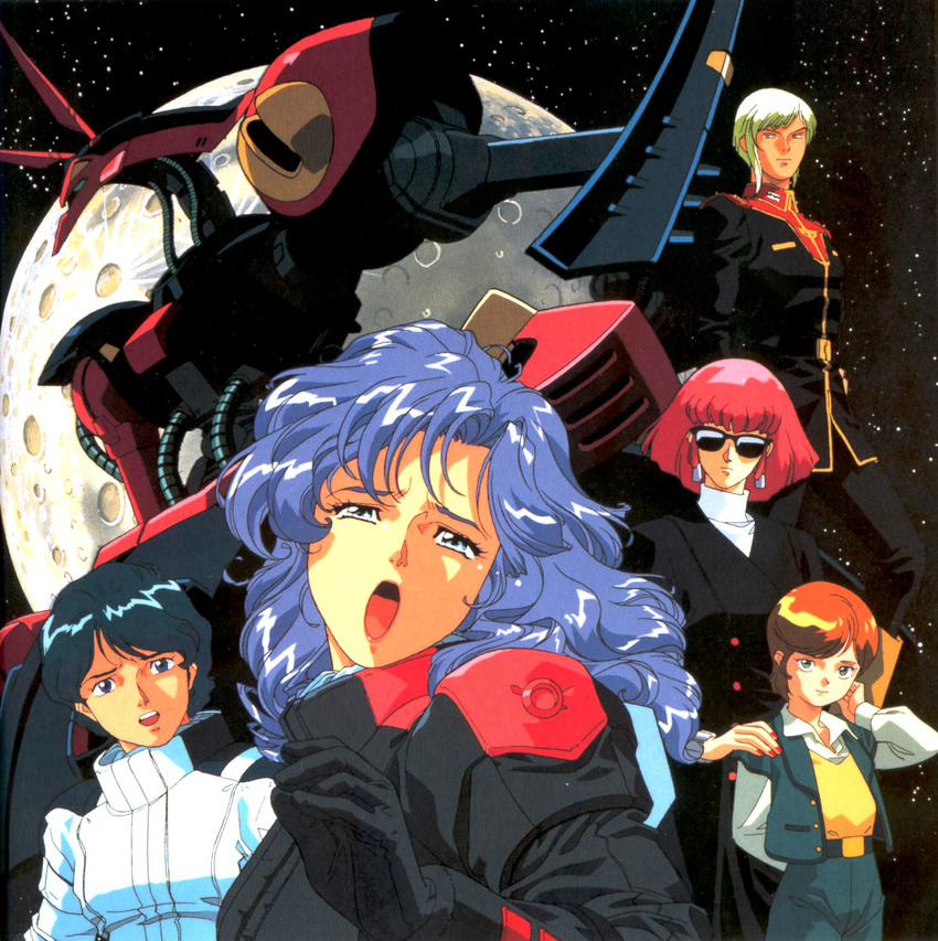 3girls 80s baund_doc blue_eyes green_eyes gundam haman_karn highres kamille_bidan kitazume_hiroyuki mecha mineva_lao_zabi multiple_boys multiple_girls oldschool open_mouth orange_hair pilot_suit pink_hair purple_hair rosamia_badam space sunglasses tears zeta_gundam