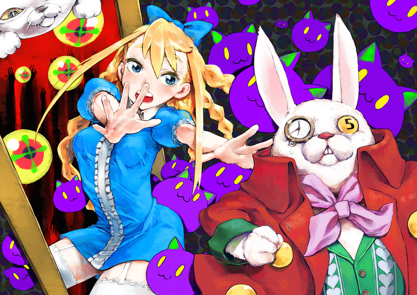 :3 alice_(wonderland) alice_in_wonderland blonde_hair blue_eyes cheshire_cat garters outstretched_arm outstretched_hand pocket_watch reaching sanae_(satansanae) watch white_rabbit