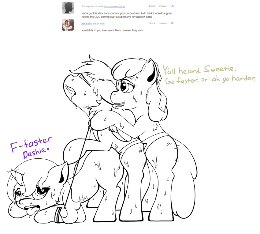 apple_bloom apple_bloom_(mlp) black_and_white cub cutie_mark_crusaders dashaloo dialog dildo english_text equine female feral friendship_is_magic group group_sex horn horse lesbian line_art mammal monochrome my_little_pony pegasus penetration plain_background pony rainbow_dash rainbow_dash_(mlp) sex sex_toy strapon sweat sweetie_belle sweetie_belle_(mlp) text threesome tongue tumblr unicorn white_background wings young