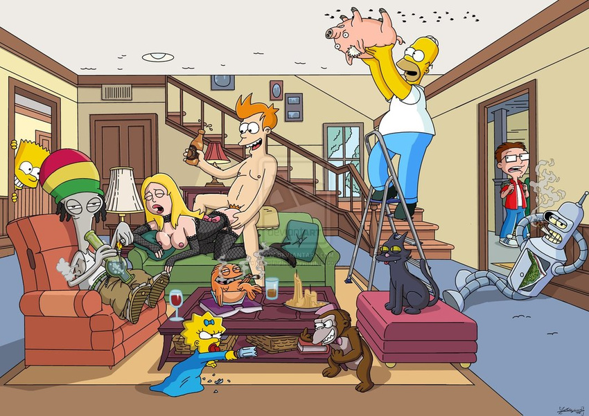 american_dad bart_simpson bender_bending_rodriguez crossover evil_monkey francine_smith fry futurama homer_simpson klaus_heissler maggie_simpson roger_smith snowball spiderpig steve_smith the_simpsons