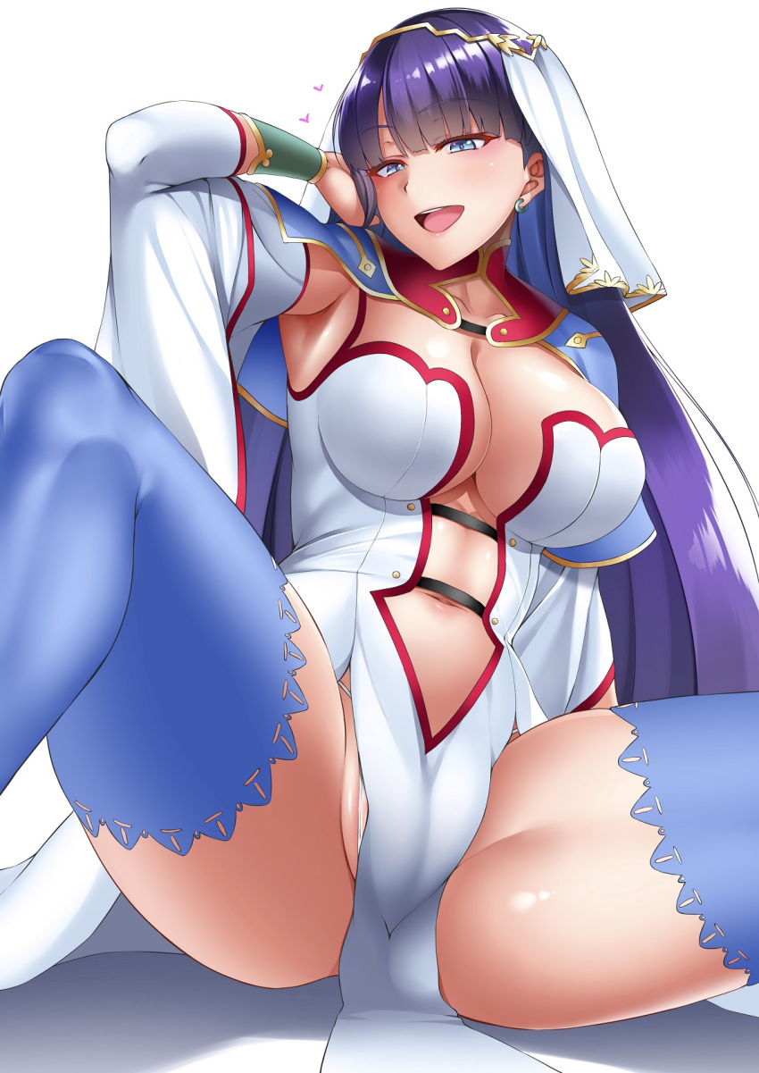 1girl armpits asakura_kukuri bangs blue_eyes blue_legwear blunt_bangs blush breasts cameltoe capelet center_opening circlet cleavage collarbone detached_sleeves dress earrings fate/grand_order fate_(series) hand_in_hair heart highres hime_cut jewelry large_breasts long_hair looking_at_viewer navel open_mouth purple_hair saint_martha simple_background sitting smile solo straight_hair thighhighs veil white_background white_dress wide_sleeves