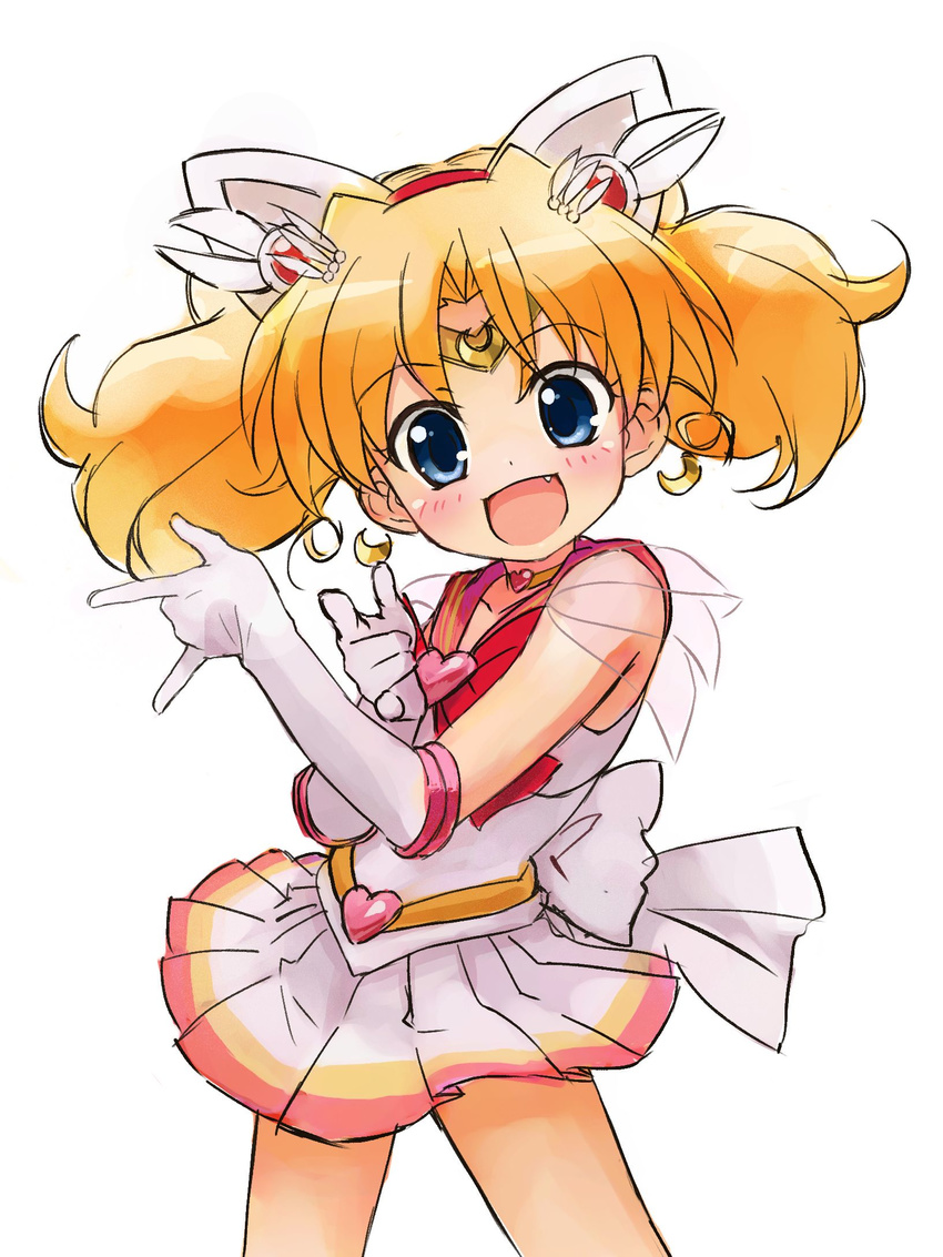 \m/ animal_ears back_bow bishoujo_senshi_sailor_moon blonde_hair blue_eyes blush bow cat_ears choker cosplay elbow_gloves fang gloves hair_ornament heart heart_choker highres jewelpet_(series) jewelpet_twinkle jewelry long_hair magical_girl miria_marigold_mackenzie multicolored multicolored_clothes multicolored_skirt non-web_source nyama open_mouth pink_sailor_collar sailor_chibi_moon sailor_chibi_moon_(cosplay) sailor_collar sailor_senshi_uniform simple_background skirt smile solo super_sailor_chibi_moon super_sailor_chibi_moon_(cosplay) tsuki_ni_kawatte_oshioki_yo white_background white_gloves