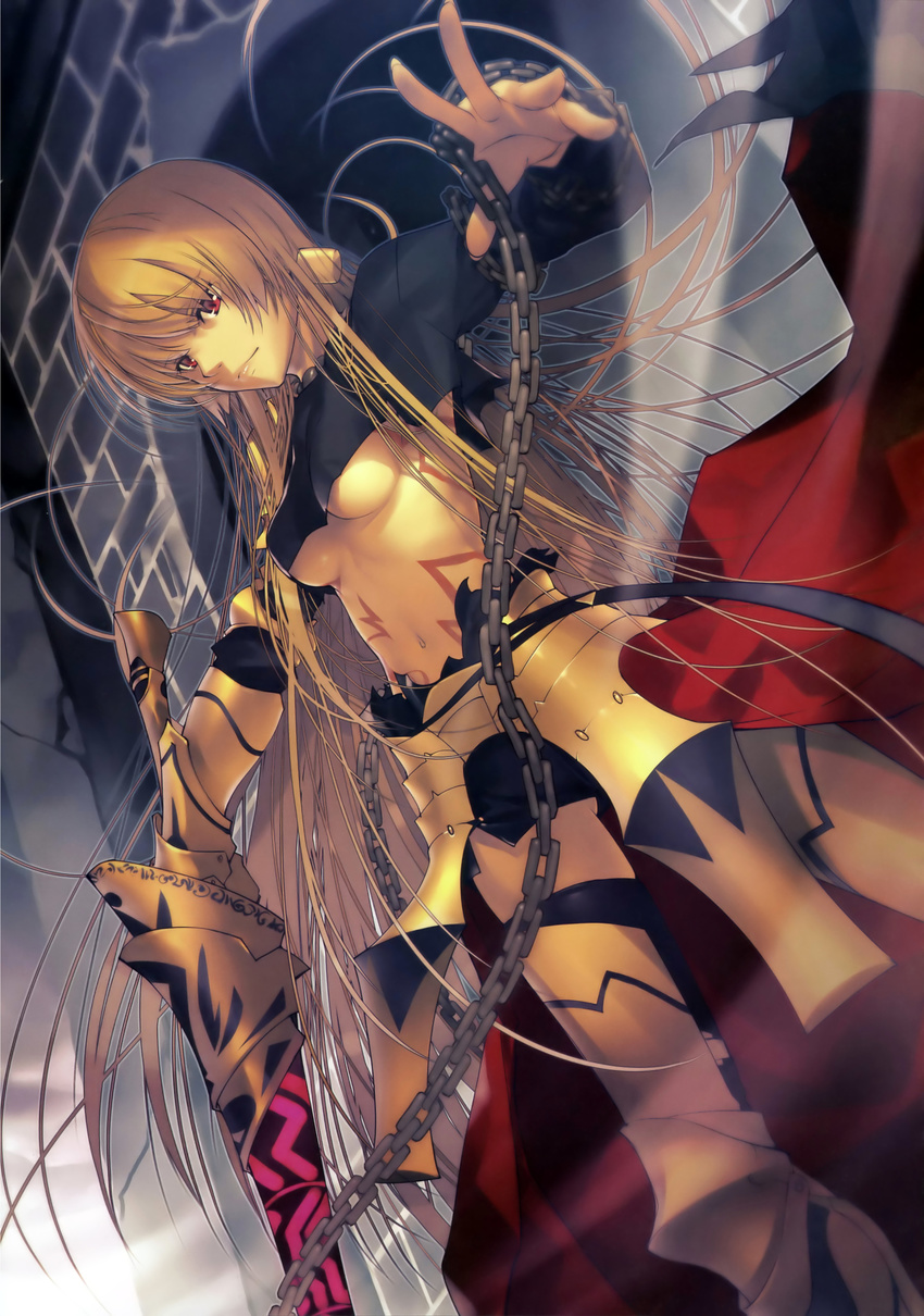 absurdres aikura_chihiro armor black_legwear blonde_hair breasts chain dutch_angle ea_(fate/stay_night) enkidu_(weapon) fate/stay_night fate_(series) fingernails gauntlets genderswap genderswap_(mtf) gilgamesh greaves highres jewelry lips long_fingernails long_hair looking_at_viewer medium_breasts midriff navel necklace red_eyes scan skirt solo thighhighs underboob very_long_hair