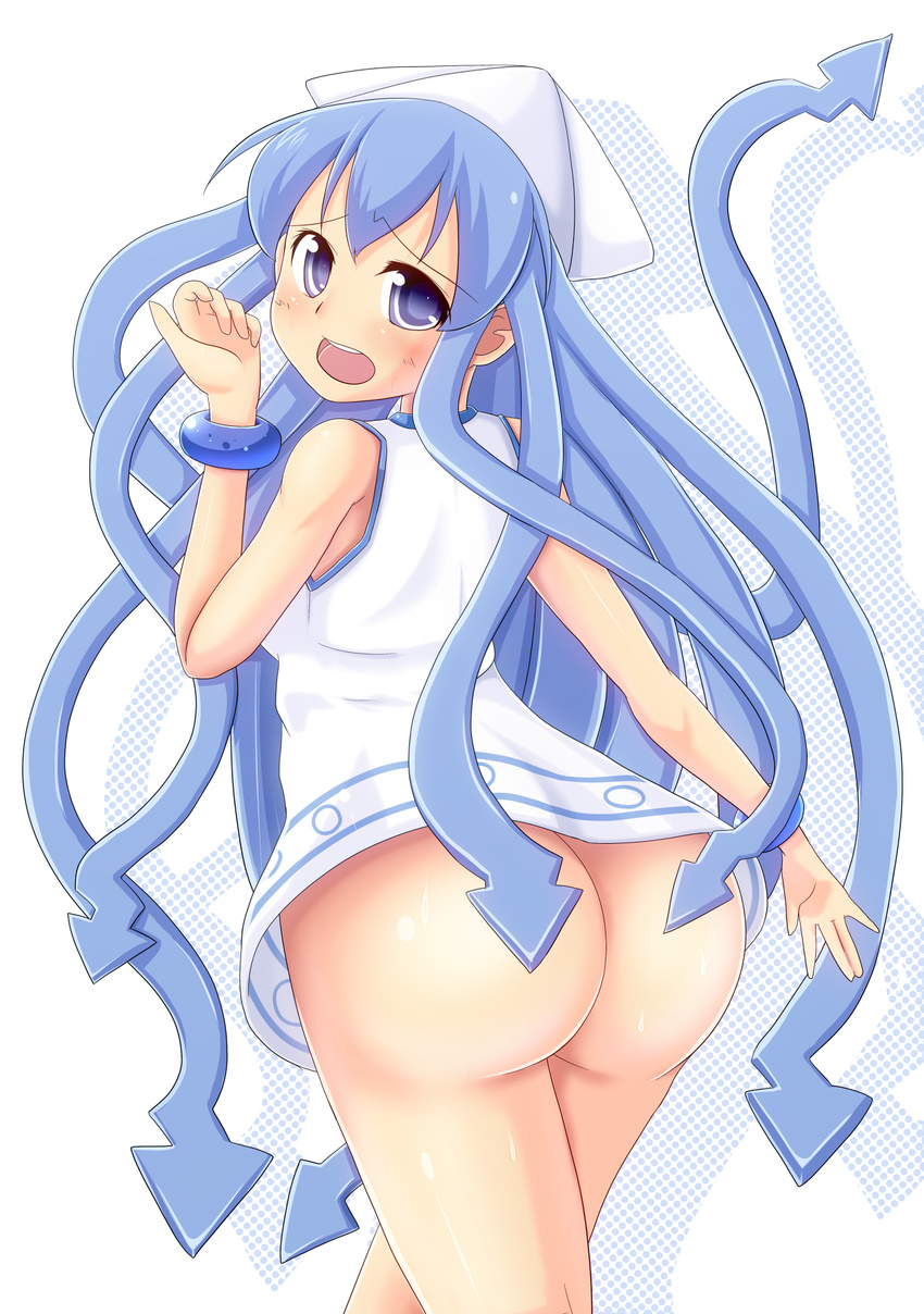 ass blue_eyes blue_hair bottomless chuuten_(clam_chowder) highres huge_ass ikamusume shinryaku!_ikamusume solo tentacles wristband