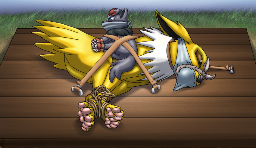 ambiguous_gender bdsm blue_eyes bondage bound butt captured caught cord cords digital_drawing_(artwork) digital_media_(artwork) duo eeveelution feet feral fur gag gagged hindpaw hogtied jolteon leather mammal nintendo pawpads paws pok&eacute;mon pok&eacute;mon_(species) raptorroper simple_background straps suina toes type video_games yellow_fur zorua