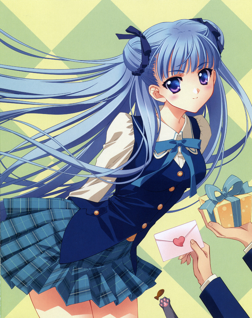 blue_hair carnelian gift highres holding holding_gift letter long_hair para-sol plaid plaid_skirt purple_eyes school_uniform skirt solo vest yatabe_noa