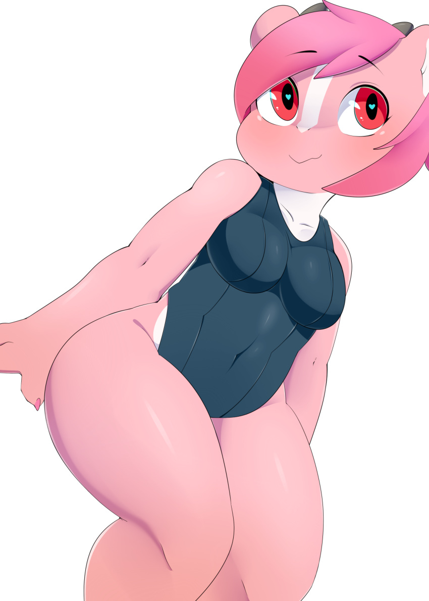 &lt;3 anthro berseepon09 breasts clothed clothing cub dragon female hair hi_res horn loli_dragon looking_away looking_up non-mammal_breasts one-piece_swimsuit pink_eyes pink_hair pink_skin raised_eyebrows red_eyes simple_background sitting smile solo swimsuit tight_clothing white_background young
