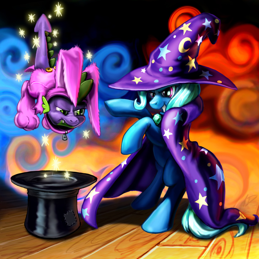 bunny_costume cape costume dragon equine female feral friendship_is_magic hair harwick hat horse lagomorph magic male mammal my_little_pony pony rabbit smoke sparkles spike_(mlp) stars top_hat trixie_(mlp) two_tone_hair wizard_hat