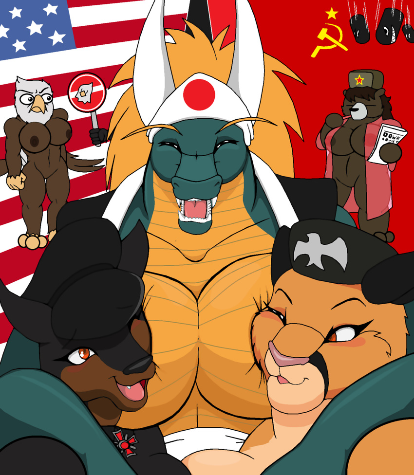 american_flag anya_(droll3) avian ayame_(droll3) bald_eagle bear big_breasts bird black_nose breast_squish breasts brown_hair brown_nipples bullet_bill canine christina_(droll3) clothing commander cougar doberman dog dragon droll3 eagle eyes_closed fangs feline female field_marshall flag german germany hair hammer_and_sickle horn italy japan lena_(droll3) long_hair mammal mario_bros nintendo nipples nude one_eye_closed parody reptile robe russia russian scalie soviet soviet_union teeth third_reich video_games wink world_war world_war_2 ww2