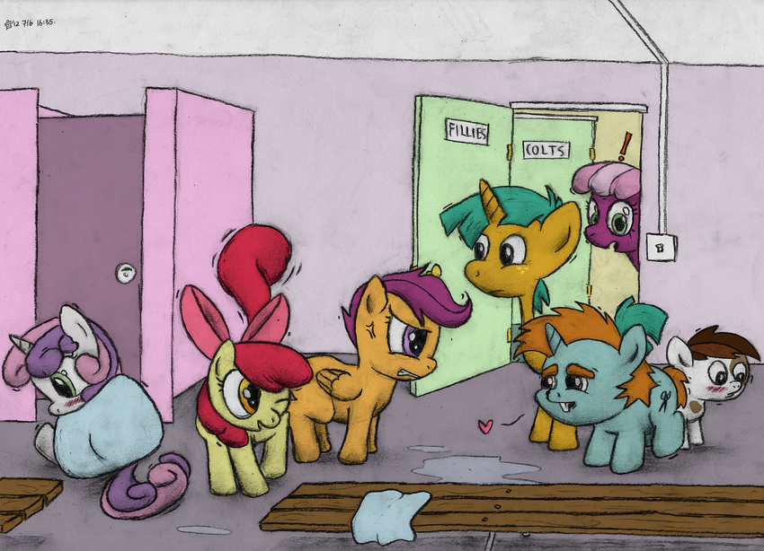 apple_bloom_(mlp) blush brown_hair cheerilee_(mlp) cub cutie_mark cutie_mark_crusaders_(mlp) equine female feral friendship_is_magic green_eyes green_hair group hair horn horse jarwall male mammal my_little_pony pegasus pink_hair pipsqueak_(mlp) pony purple_hair scootaloo_(mlp) snails_(mlp) snips_(mlp) sweetie_belle_(mlp) towel two_tone_hair unicorn wings young