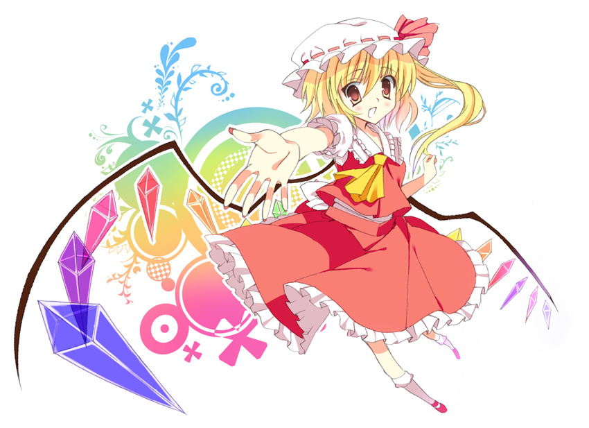 blonde_hair blush bow chamo flandre_scarlet hat jpeg_artifacts kneehighs orange_eyes ponytail short_hair skirt touhou wings