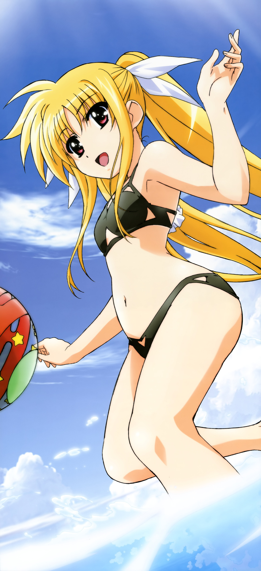 absurdres bikini blonde_hair fate_testarossa hashimoto_takayoshi highres long_hair long_image lyrical_nanoha mahou_shoujo_lyrical_nanoha non-web_source nyantype official_art open_mouth red_eyes solo stick_poster swimsuit tall_image twintails very_long_hair water