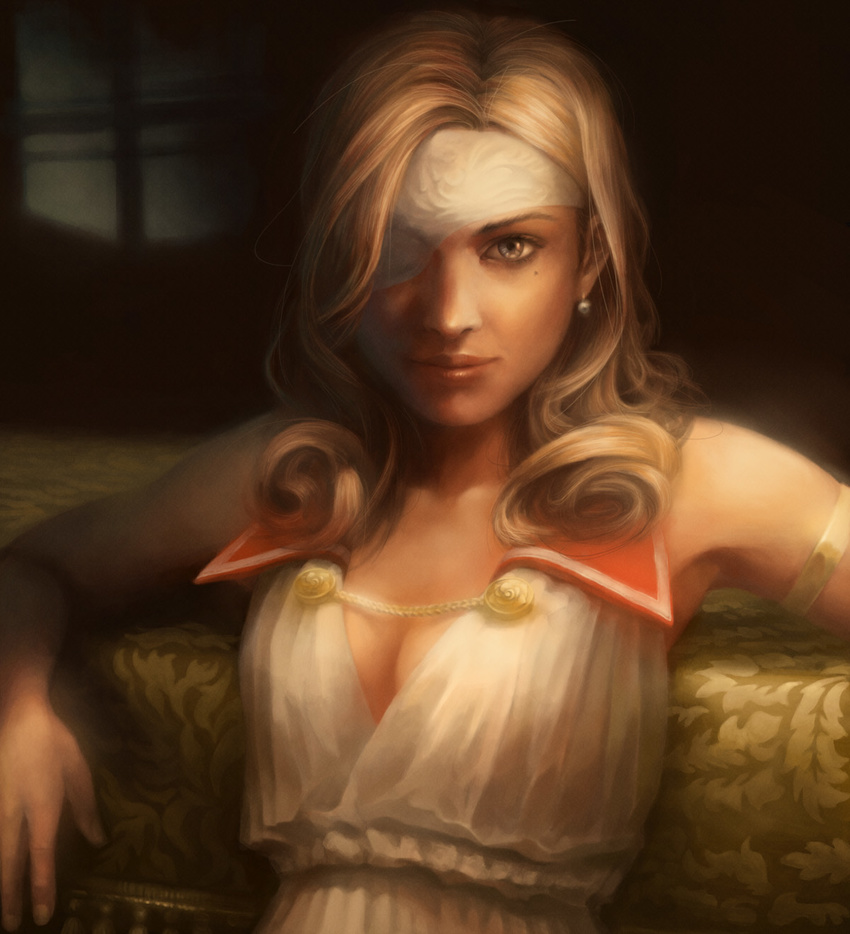 beatrix breasts brown_eyes brown_hair cleavage couch drill_hair earrings eyepatch final_fantasy final_fantasy_ix highres htanjo jewelry light_smile lips looking_at_viewer medium_breasts mole realistic shaded_face short_hair sleeveless solo