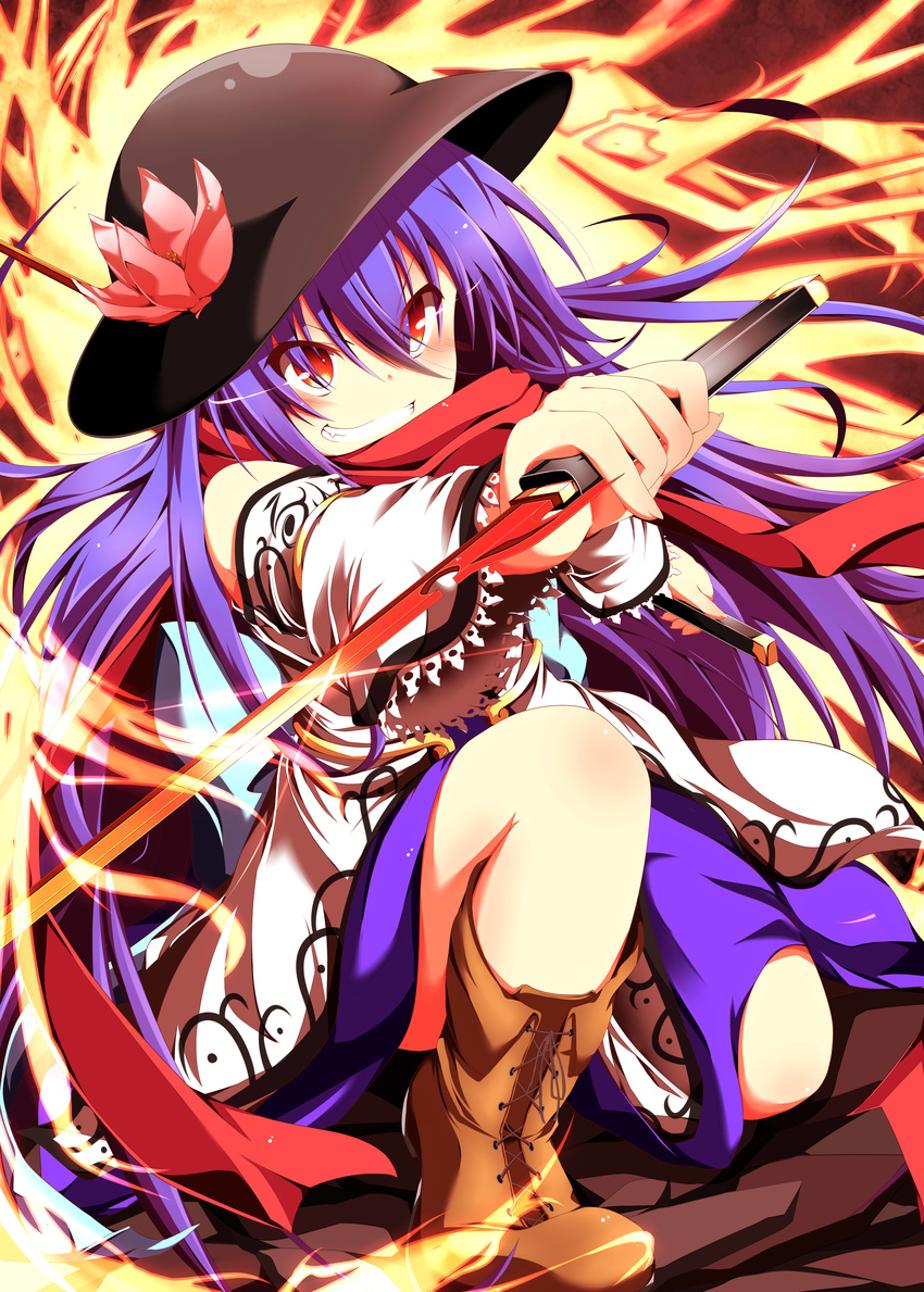 absurdres blue_hair blush cross-laced_footwear detached_sleeves fire flower highres hinanawi_tenshi kneeling long_hair orange_eyes solo sword sword_of_hisou touhou wakagi_repa weapon