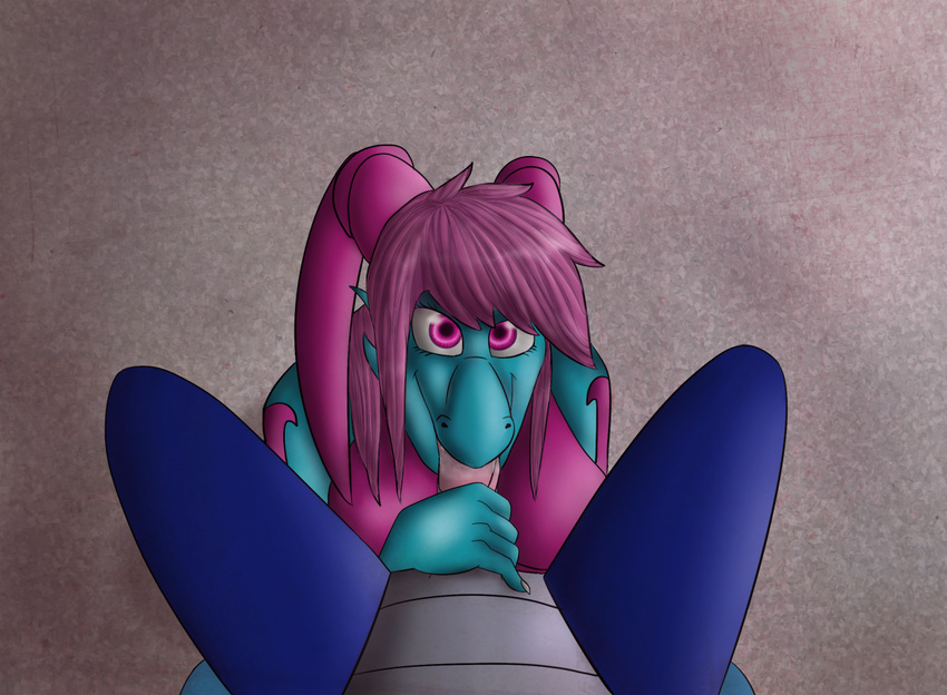 anthro blue(floravola) dragon eyes_open fellatio female floravola hair male oral oral_sex penis pink_hair scalie sex straight xenos