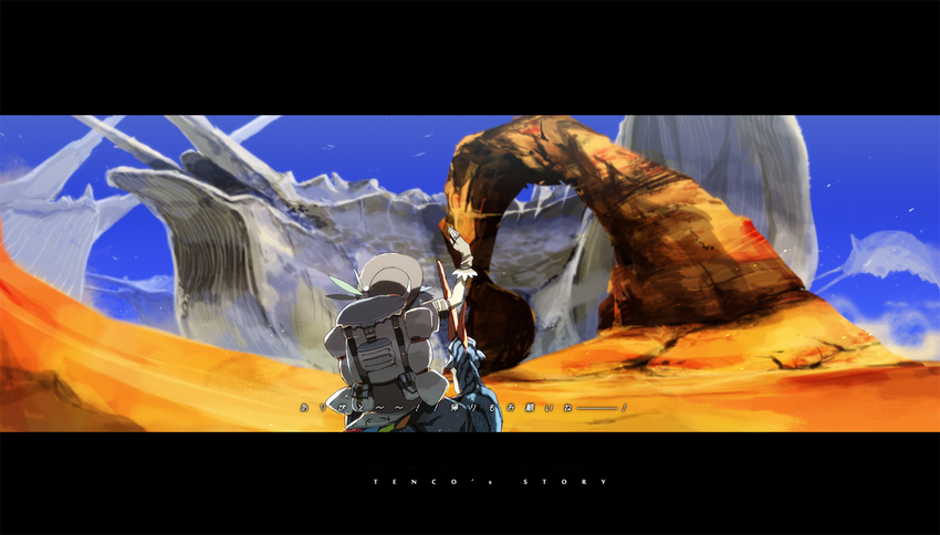 backpack bag desert fingerless_gloves from_behind gloves hat hinanawi_tenshi jhen_mohran letterboxed monster monster_hunter riding siirakannu sky touhou velocidrome