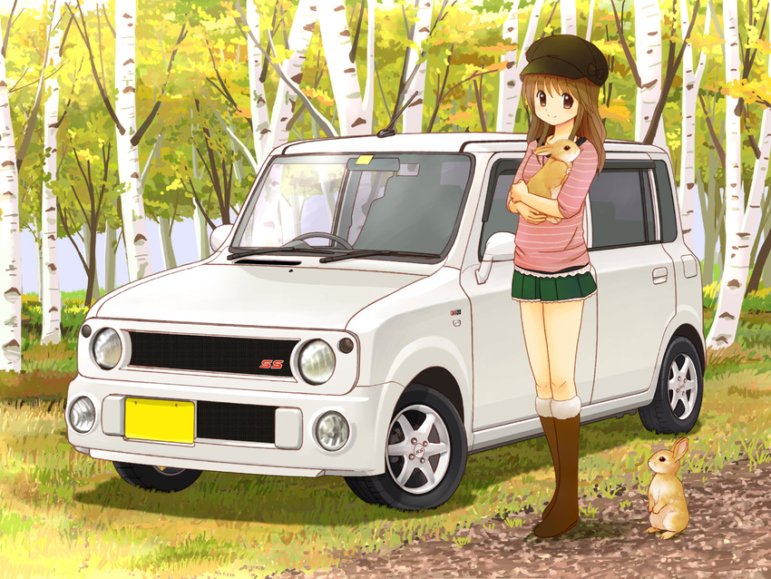 boots brown_eyes brown_hair bunny car carrying eijima_moko full_body fur_boots ground_vehicle hat long_hair motor_vehicle original pleated_skirt skirt smile standing tree ugg_boots