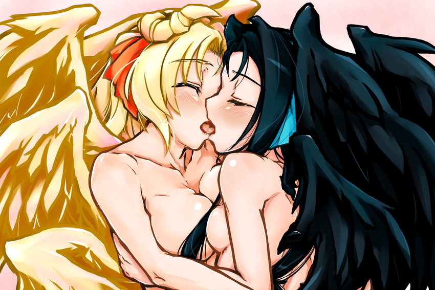 asymmetrical_docking black_hair black_wings blonde_hair blush breast_press breasts closed_eyes couple french_kiss hair_ribbon horns hug kiss kyoukaisenjou_no_horizon large_breasts large_wings long_hair malga_naruze margot_knight misogi_(misogi1341) multiple_girls nude ribbon tongue wings yuri