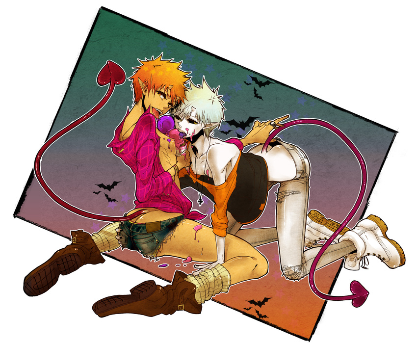 ass bat bleach boots dual_persona food heart highres horns ice_cream icecream kurosaki_ichigo muchiko nipples orange_hair pale_skin panties pointy_ears sexually_suggestive shirosaki_hichigo smirk suggestive_pose tail underwear white_hair white_skin yaoi yellow_eyes zangetsu