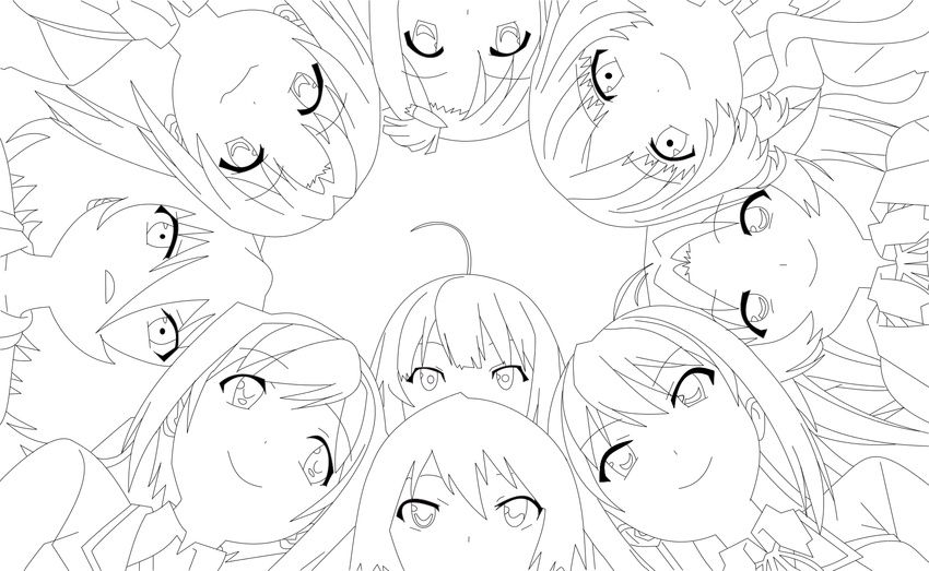 6+girls ahoge edagawa_nozomi from_below greyscale highres kiba_mifuyu koi_to_senkyo_to_chocolate lineart monochrome monzennaka_kii morishita_michiru multiple_boys multiple_girls non-web_source oojima_yuuki sarue_ai shinonome_hazuki sumiyoshi_chisato yumeshima_oboro