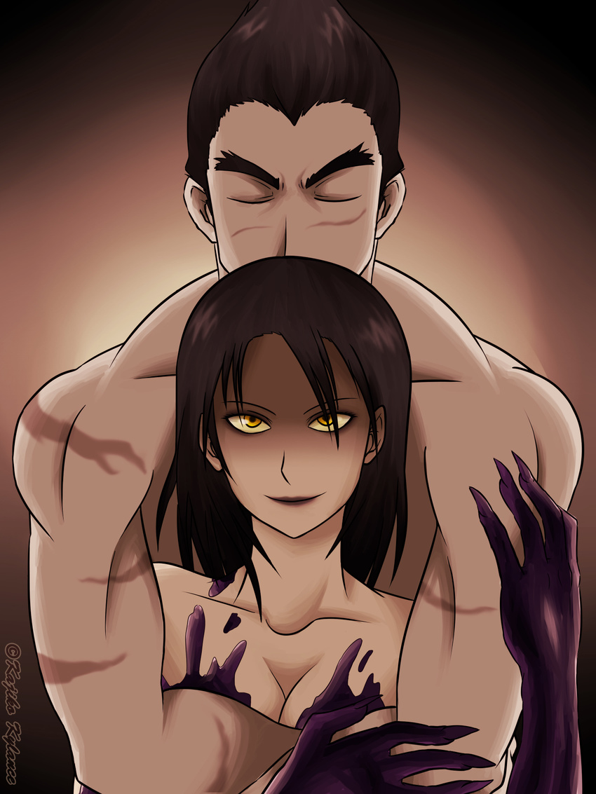 1girl black_hair breasts cleavage closed_eyes dark_persona eyebrows highres hug hug_from_behind kazama_jun kylance living_clothes long_hair medium_breasts mishima_kazuya nude scar tekken thick_eyebrows unknown_(tekken) yellow_eyes