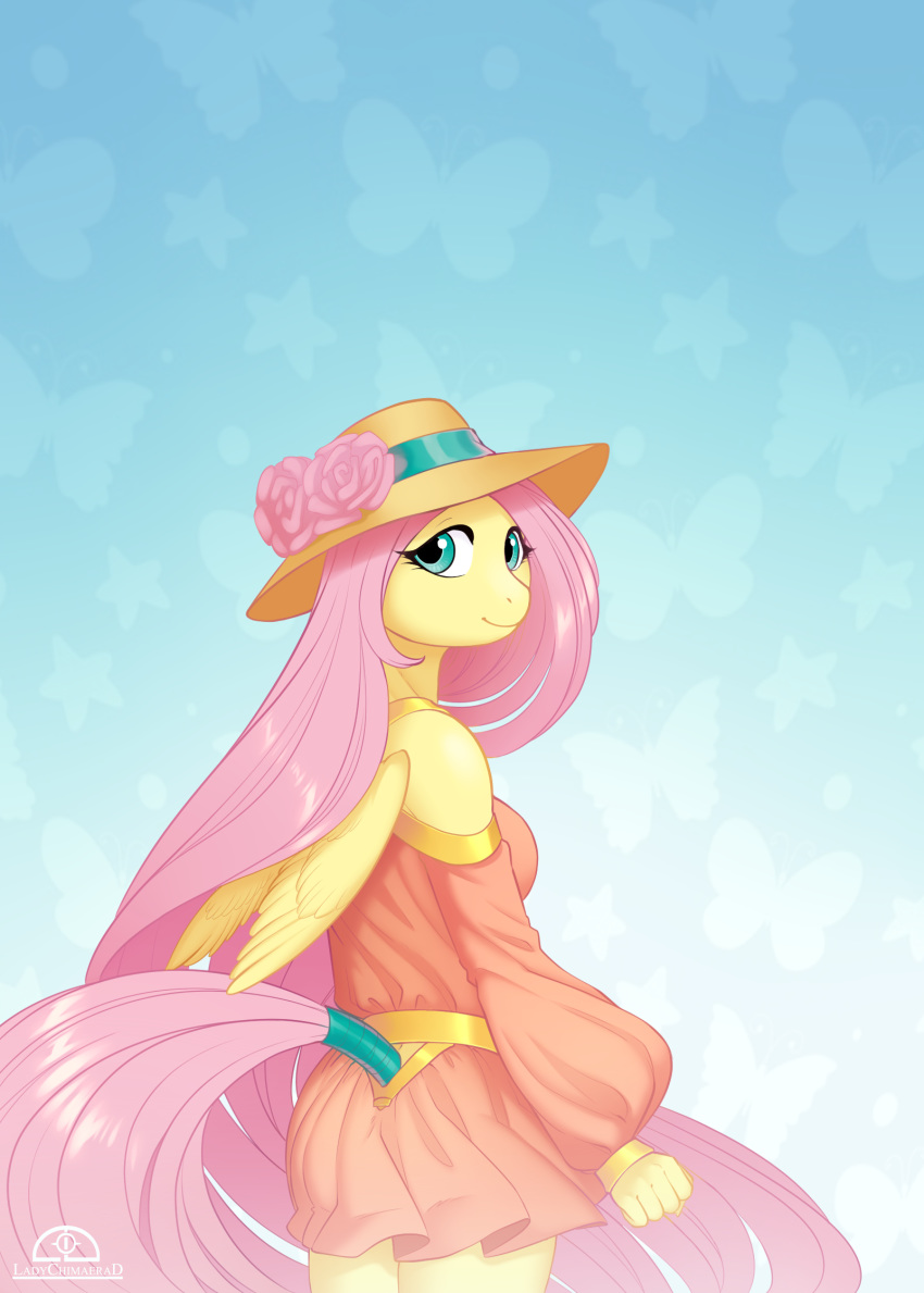 2018 5_fingers anthro blue_background breasts clothed clothing cute equine eyelashes feathered_wings feathers female flower fluttershy_(mlp) friendship_is_magic fully_clothed furgonomics gradient_background hair hat hi_res ladychimaera long_hair looking_at_viewer looking_back mammal my_little_pony pegasus pink_hair plant portrait simple_background smile solo standing sun_hat tail_wraps teal_eyes three-quarter_portrait wings wraps yellow_feathers