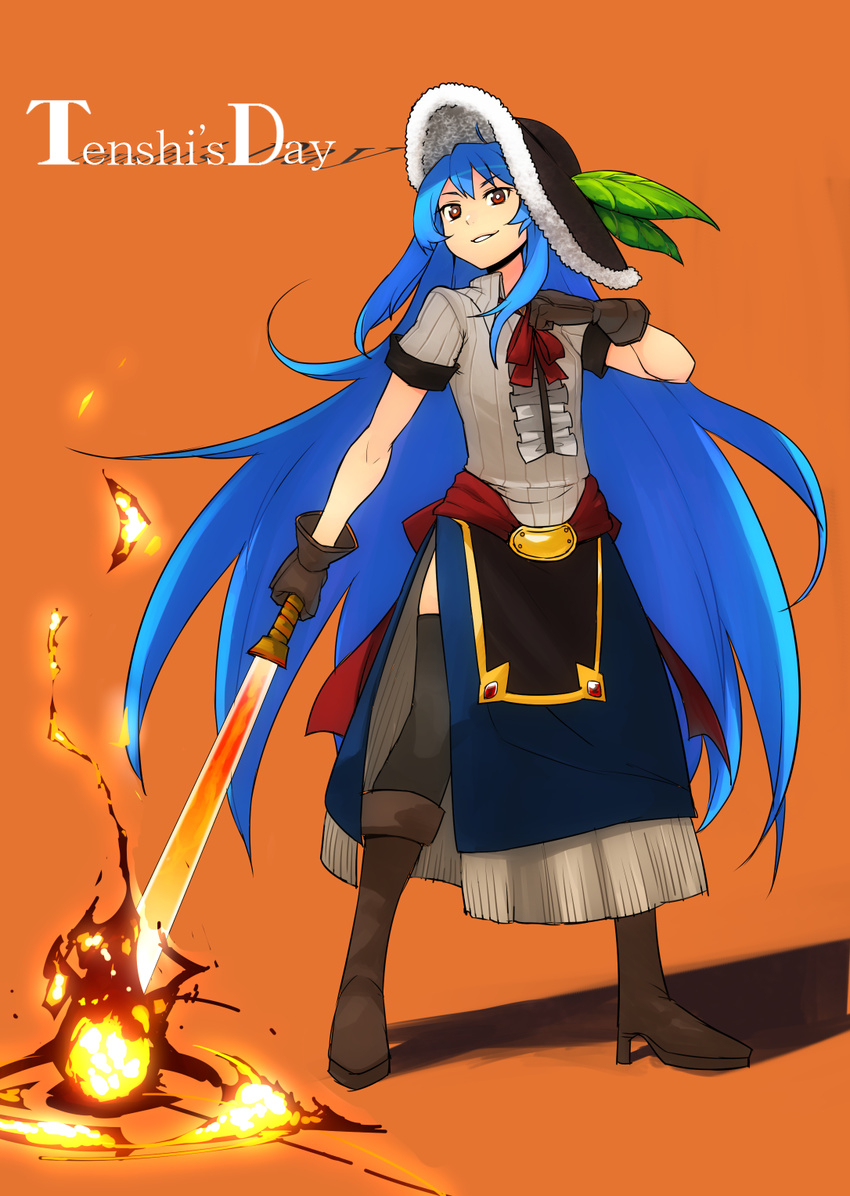 black_legwear blue_hair boots gloves hat highres hinanawi_tenshi leaf long_hair red_eyes smile solo sword_of_hisou thighhighs touhou very_long_hair yokohachi