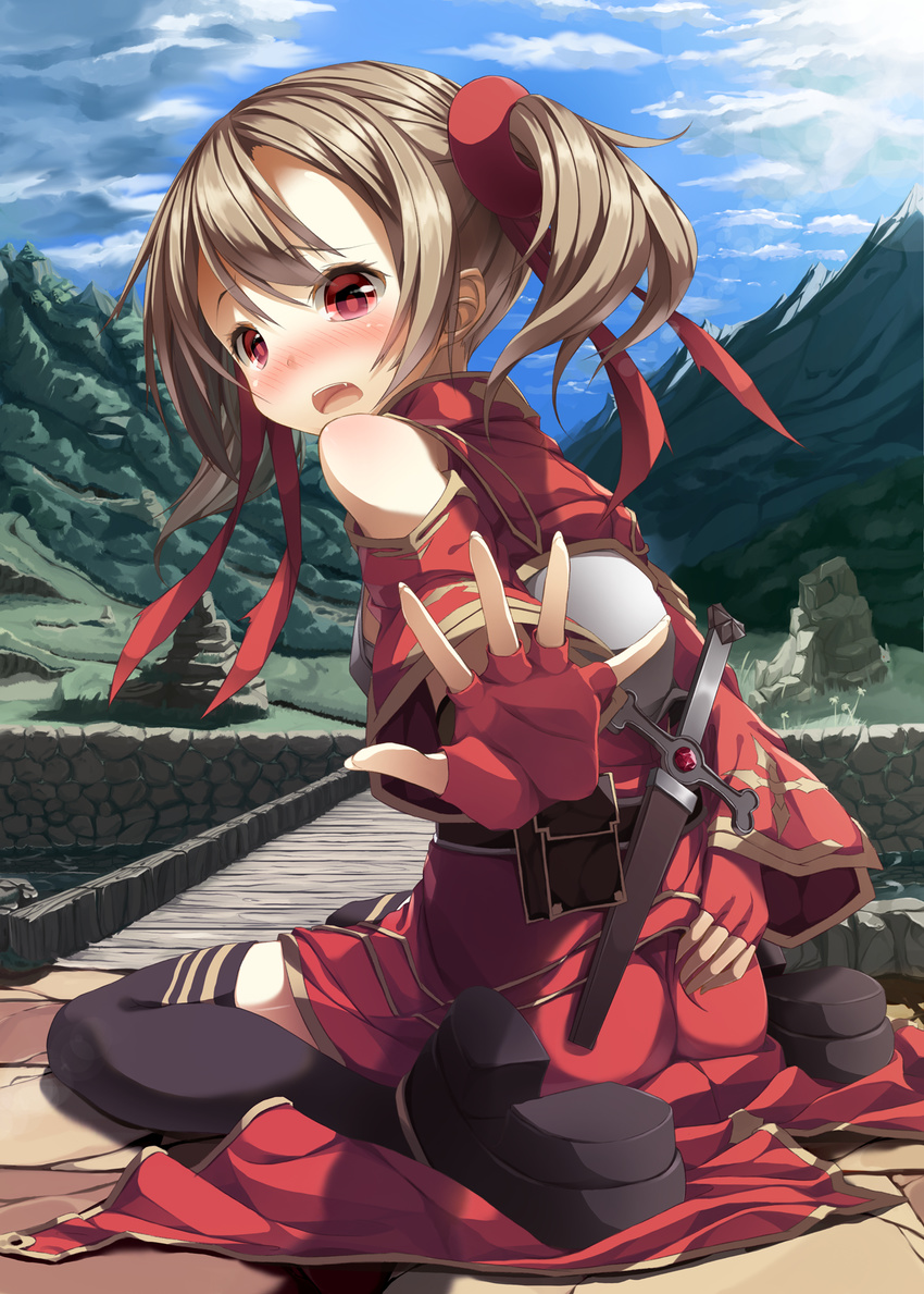 bad_id bad_pixiv_id bare_shoulders black_legwear blush brown_hair fingerless_gloves gloves hand_on_ass highres mountain open_mouth outstretched_arm re:n_ne red_eyes silica sitting sky solo sword_art_online thighhighs twintails wariza weapon