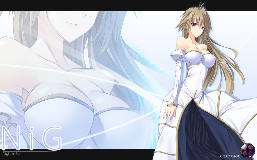 archetype_earth arcueid_brunestud ayatudura bad_id bad_pixiv_id bare_shoulders blonde_hair breasts cleavage detached_sleeves dress highres large_breasts letterboxed long_hair red_eyes slender solo strapless strapless_dress tsukihime very_long_hair zoom_layer