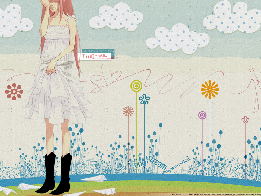 boots dress just_be_friends_(vocaloid) long_hair megurine_luka paper_plane pink_hair sad sun_dress vocaloid wallpaper