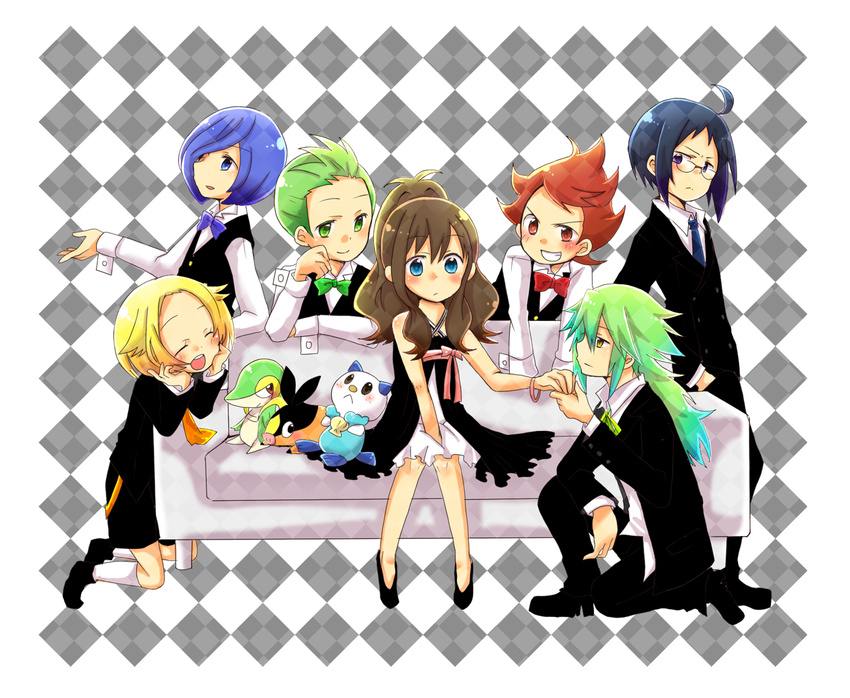 5boys aqua_eyes bad_id bad_pixiv_id bel_(pokemon) black_hair blonde_hair blue_eyes blue_hair cheren_(pokemon) closed_eyes corn_(pokemon) dent_(pokemon) dress formal gen_5_pokemon glasses green_hair hair_over_one_eye host_club multiple_boys multiple_girls n_(pokemon) oshawott pod_(pokemon) pokemon pokemon_(creature) pokemon_(game) pokemon_bw ponytail red_eyes red_hair shima_hayaki sitting snivy tepig touko_(pokemon) tuxedo