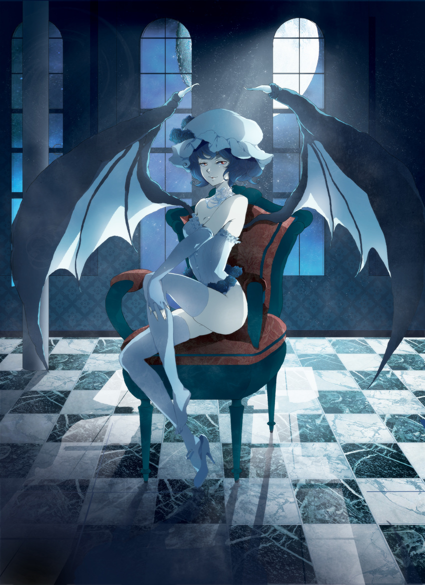 absurdres bad_id bad_pixiv_id bare_shoulders bat_wings blue_flower blue_hair blue_rose chair checkered checkered_floor corset demon_wings elbow_gloves fingerless_gloves flower full_body gloves hat high_heels highres legs maryo moon moonlight night perspective red_eyes remilia_scarlet rose shoe_dangle shoes short_hair single_shoe sitting skindentation smile smirk solo thighhighs touhou window wings