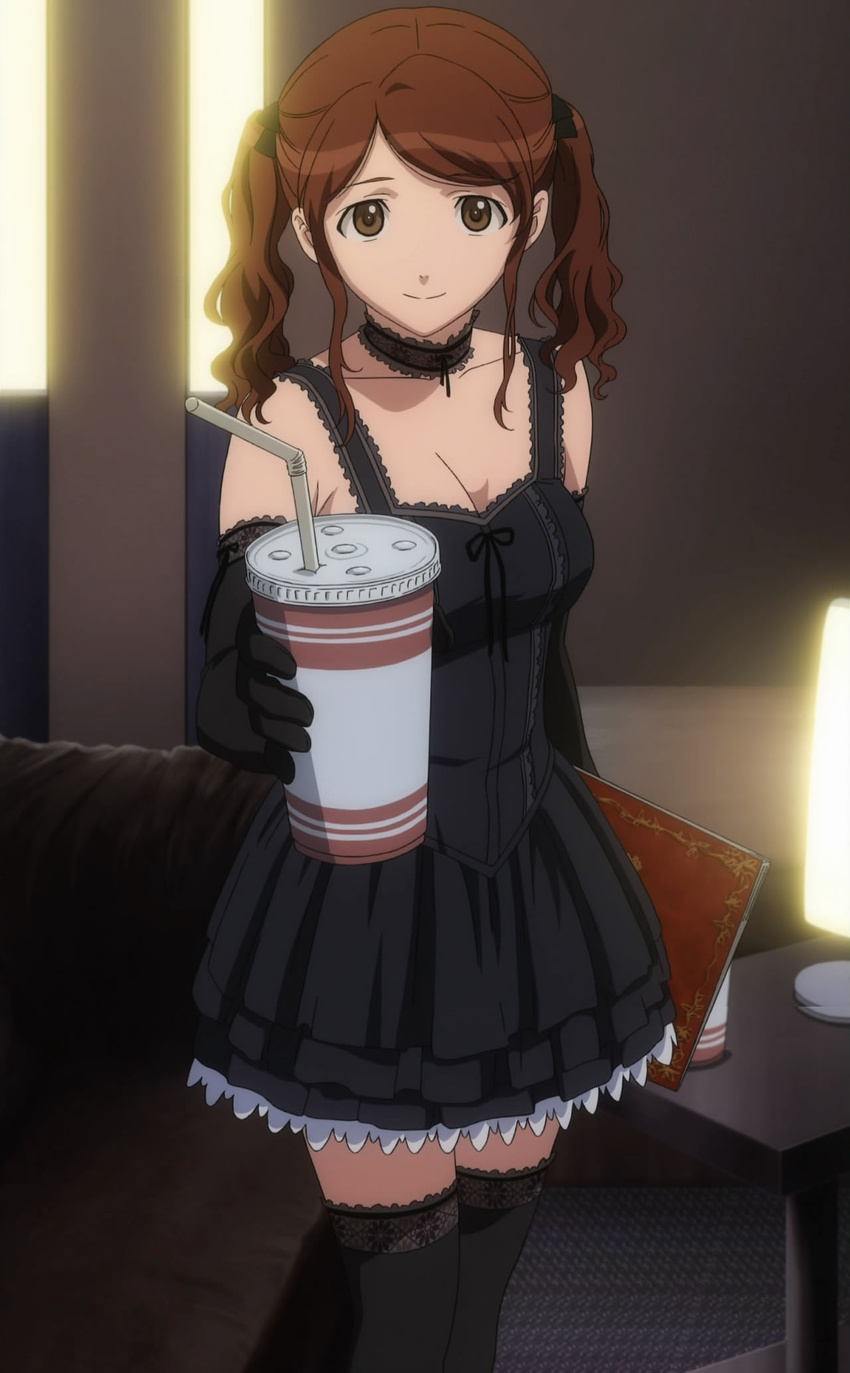 amagami brown_eyes brown_hair choker dress drink duplicate elbow_gloves gloves highres nakata_sae screencap solo stitched thighhighs third-party_edit twintails zettai_ryouiki
