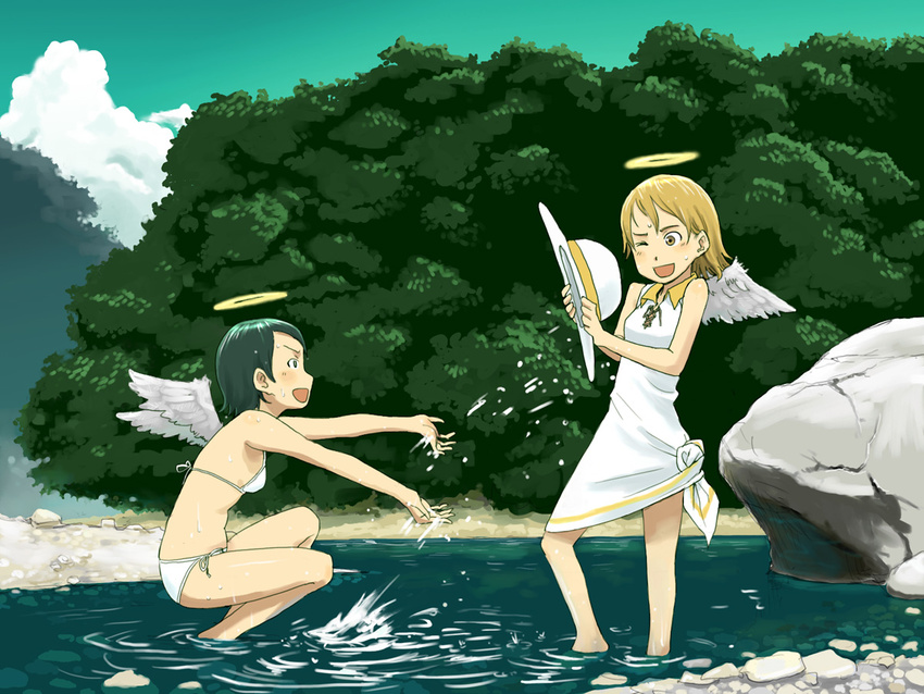 :d angel angel_wings bikini blonde_hair blush day forest green_hair haibane_renmei halo happy hat lake multiple_girls naotan nature one_eye_closed open_mouth playing short_hair side-tie_bikini skirt smile splashing squatting standing sun_hat swimsuit tied_dress wading water white_bikini white_skirt wince wings