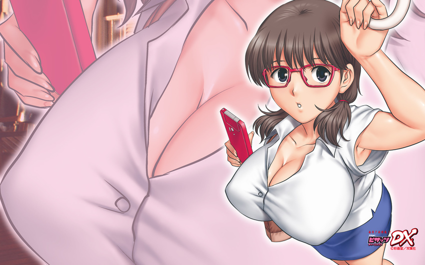 action_pizazz armpit_peek breasts brown_hair cellphone from_above glasses highres huge_breasts looking_at_viewer phone saigadou smartphone solo twintails wallpaper zoom_layer