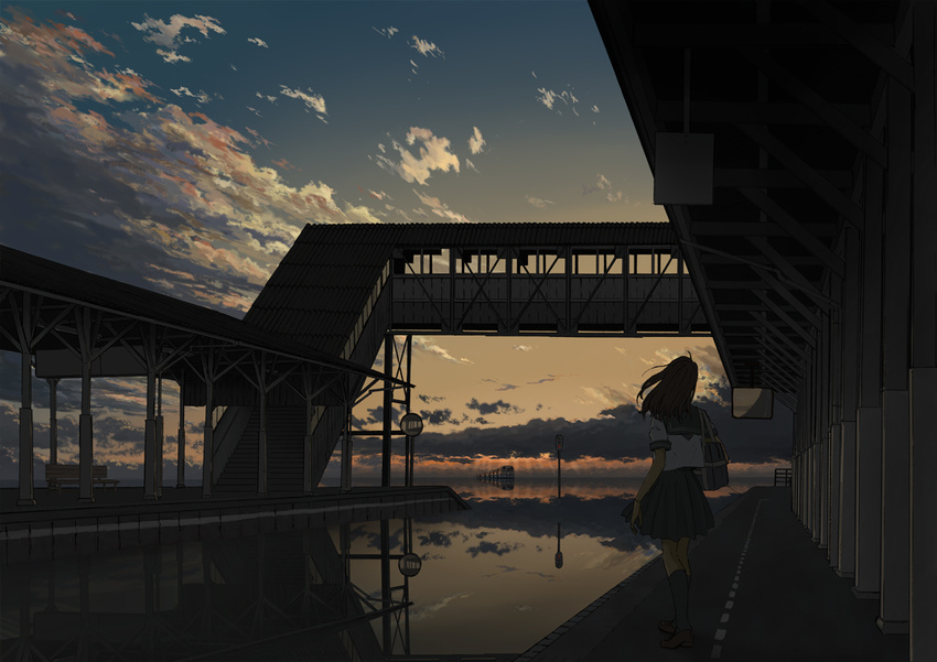 bag cloud flood from_behind goke_shike_(altamira05) ground_vehicle horizon long_hair original pedestrian_bridge scenery school_uniform serafuku sky solo standing traffic_mirror train train_station twilight water wind