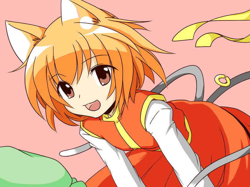 animal_ears bad_id bad_pixiv_id bent_over cat_ears cat_tail chen kachoo looking_at_viewer multiple_tails short_hair simple_background smile solo tail touhou