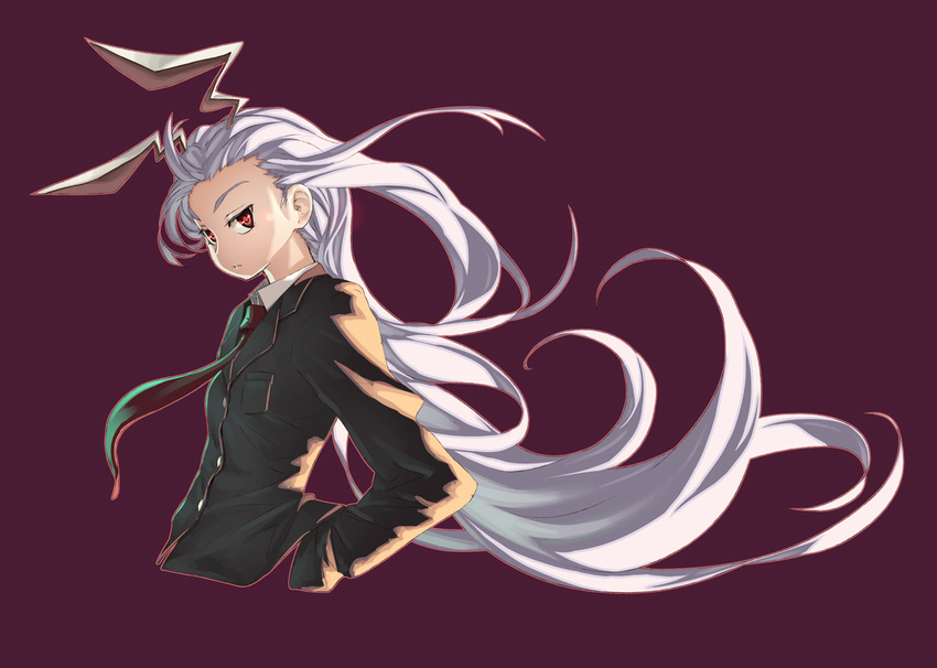 animal_ears blazer bunny_ears extra_ears frown jacket long_hair necktie purple_background purple_hair red_eyes reisen_udongein_inaba serious simple_background solo sun-3 touhou