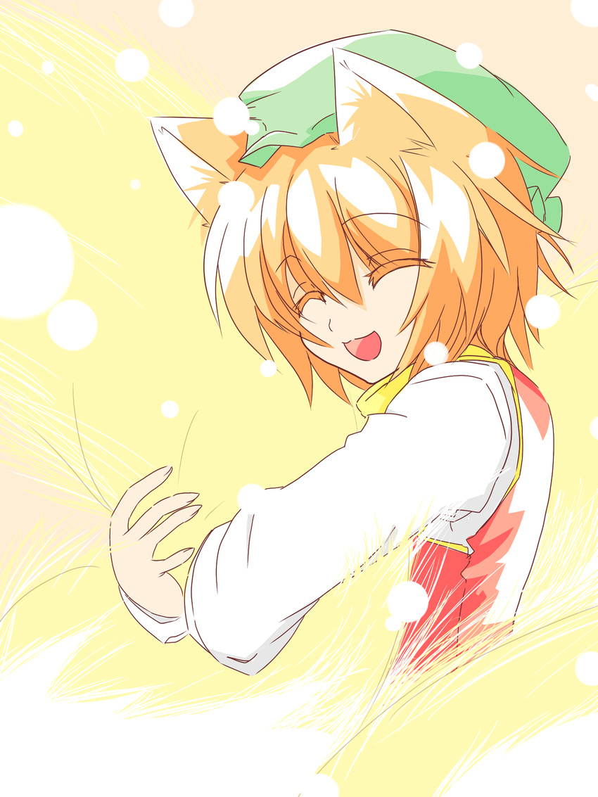 animal_ears bad_id bad_pixiv_id brown_hair cat_ears chen closed_eyes hat highres kachoo open_mouth smile solo touhou
