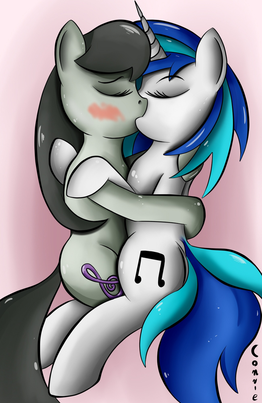 black_hair blush conrie cutie_mark duo equine eyes_closed female feral friendship_is_magic hair horn horse hug kissing lesbian long_hair mammal my_little_pony octavia_(mlp) open_mouth pony two_tone_hair unicorn vinyl_scratch_(mlp)