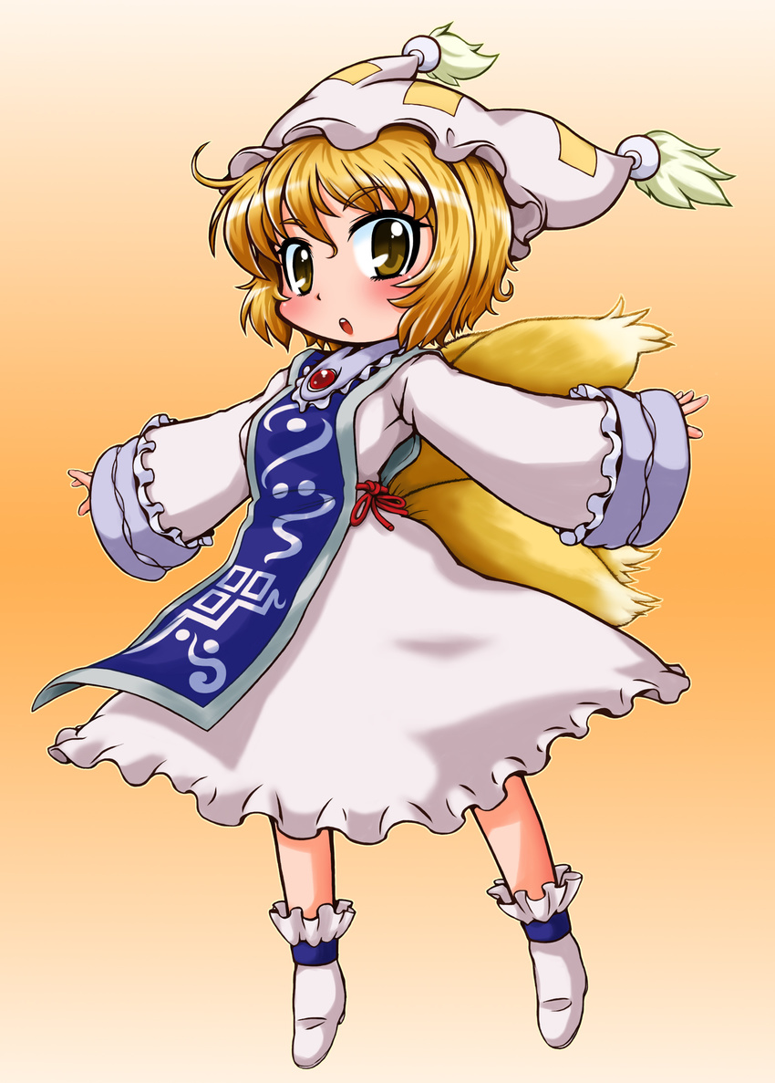 blonde_hair blush chibi dress fang fox_tail hat highres long_sleeves looking_at_viewer multiple_tails open_mouth outstretched_arms short_hair solo tabard tachikawa tail touhou white_dress wide_sleeves yakumo_ran yellow_eyes