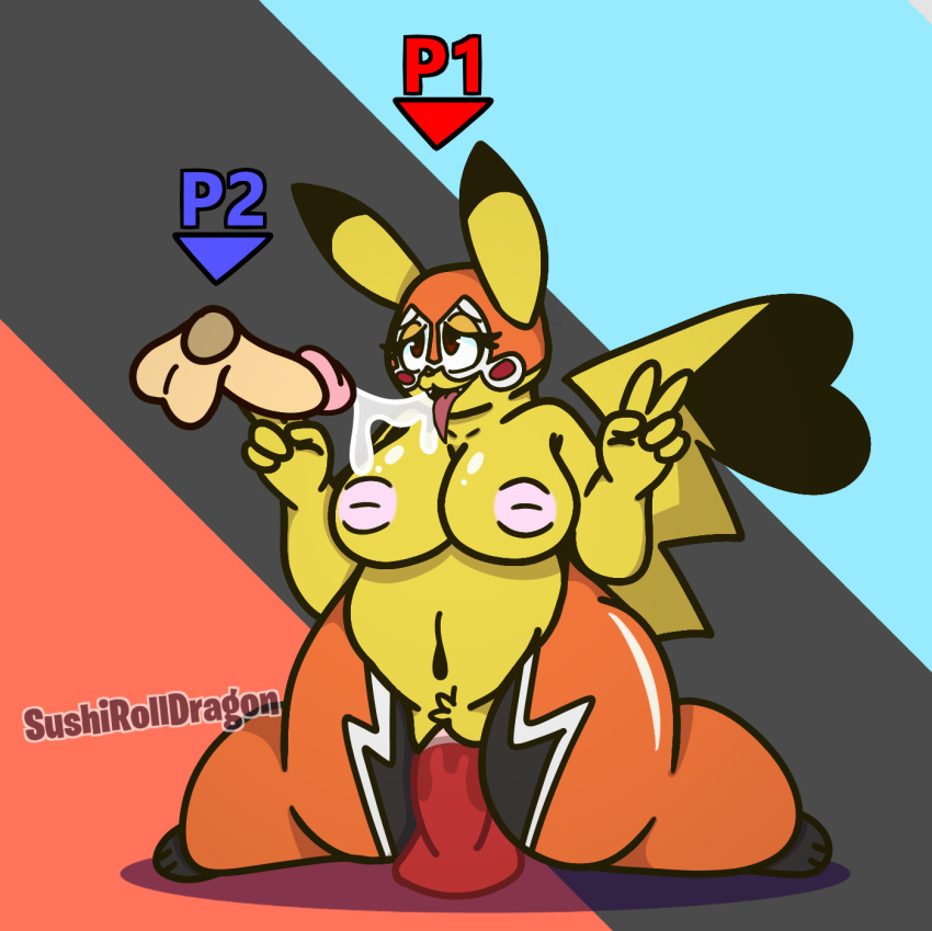 2018 anthro balls breasts cleft_tail clothed clothing cosplay_pikachu cum cum_string digital_media_(artwork) dildo dildo_sitting disembodied_penis erection female fur male mammal mask nintendo nipples open_mouth penetration penis pikachu pikachu_libre pok&eacute;mon pok&eacute;mon_(species) pussy pussy_juice sex_toy simple_background sushirolldragon thick_thighs tongue tongue_out v_sign vaginal vaginal_penetration video_games wide_hips