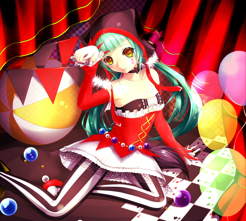 arkcide bad_id bad_pixiv_id ball balloon cat_food_(vocaloid) checkered checkered_floor choker green_hair hatsune_miku highres long_hair looking_at_viewer pantyhose project_diva_(series) project_diva_f sitting solo striped striped_legwear twintails vertical-striped_legwear vertical_stripes vocaloid yellow_eyes