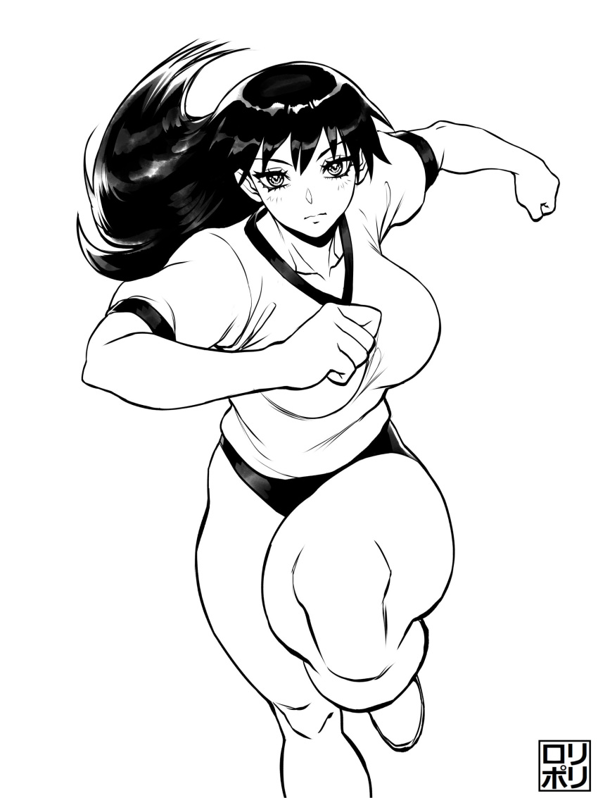 1girl absurdres azumanga_daioh breasts buruma clenched_hands facing_viewer gym_shirt gym_uniform high_contrast highres jamrolypoly large_breasts long_hair running sakaki_(azumanga_daioh) shirt solo thick_thighs thighs v-neck