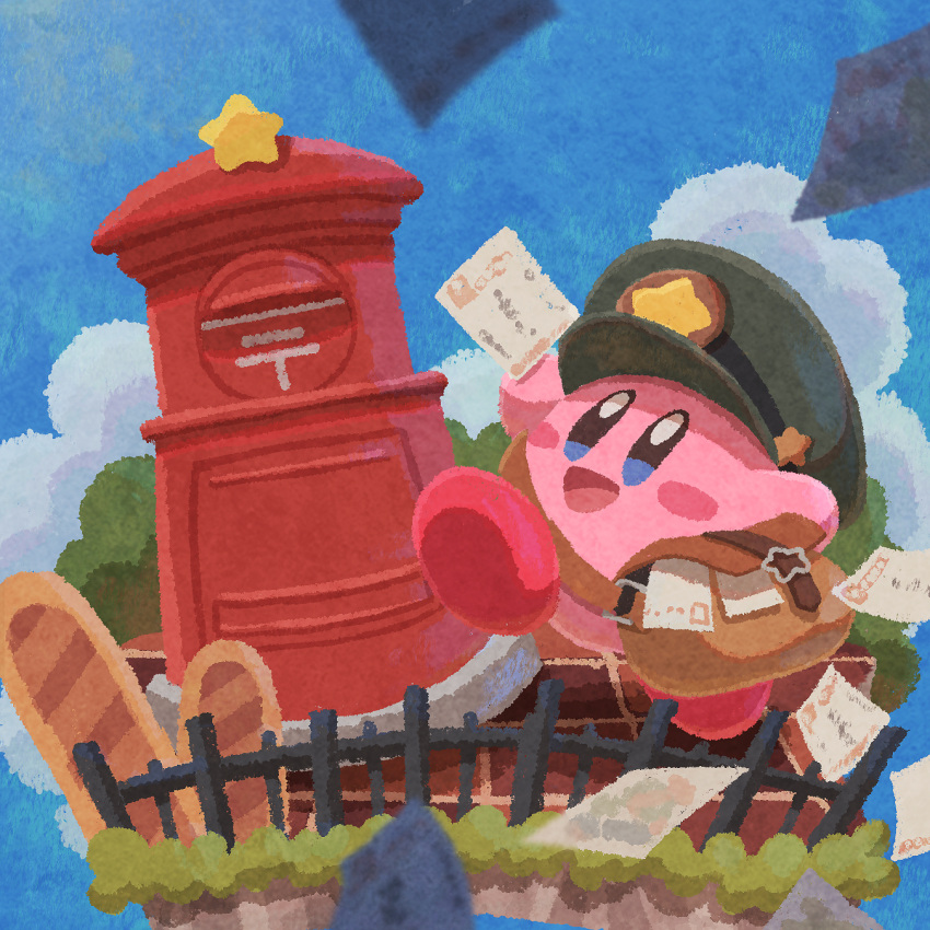 :d blue_sky cloud commentary_request day fence hat highres holding holding_letter kirby kirby_(series) letter mail mailbag mailbox_(incoming_mail) mailman miclot no_humans open_mouth outdoors peaked_cap sky smile star_(symbol)