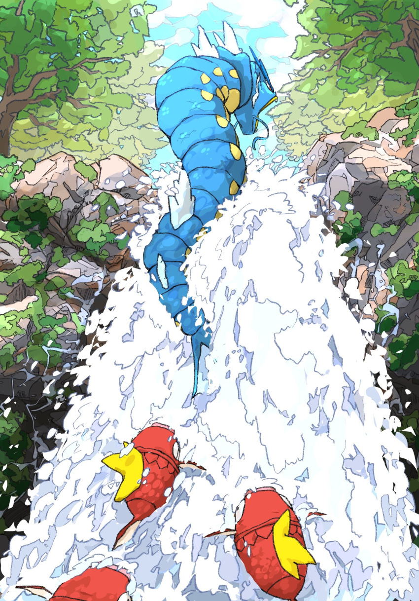 animal_focus aomon_(yuuji7604) blue_sky cloud commentary_request day evolutionary_line fish forest gyarados highres magikarp moss nature no_humans outdoors pokemon pokemon_(creature) rock sky swimming tree water waterfall